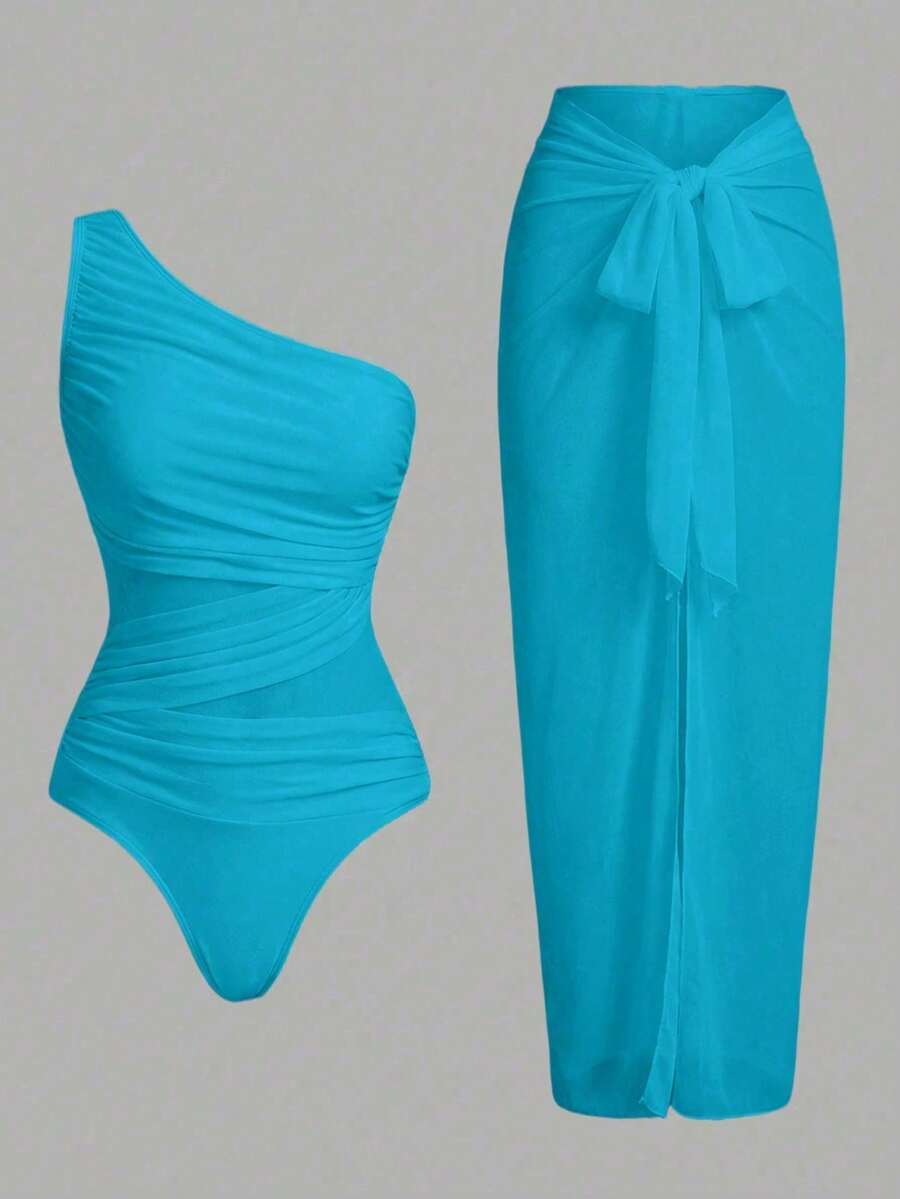 Swim Oasis One-Piece Swimsuit With Solid Color Ruched Mesh Panel And Sarong Skirt - Blue - View 1
