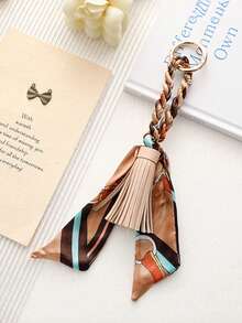 1pc French Style Tassel Scarf Keychain, Luxury Fashion Ribbon Bow Bag Charm, Scarf Tassel Pendant Key Ring, Car Key Decorative Hanging Ornament - Multicolor - View 15