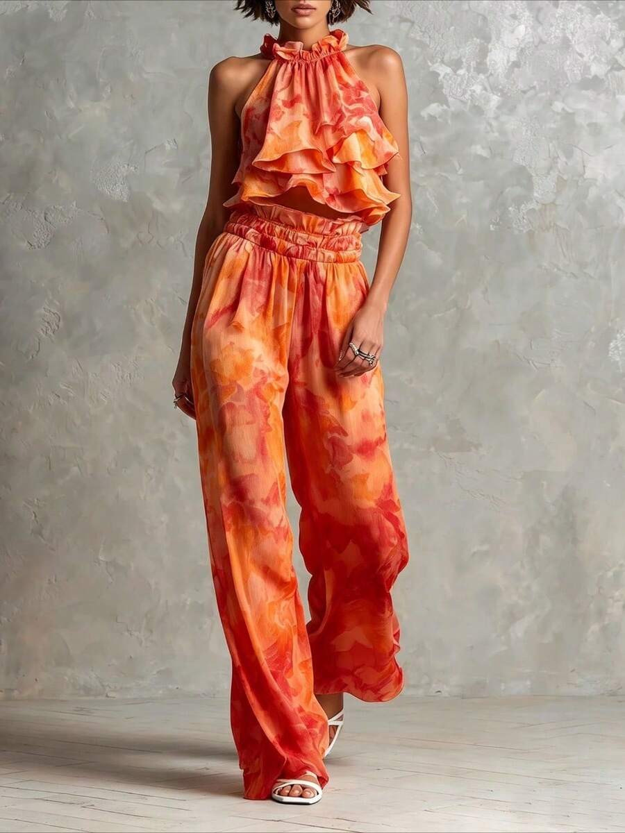 Conjunto elegante de dos piezas para mujer: top corto halter con estampado tie-dye y pantalones de pierna ancha. Un atuendo casual y fluido ideal para festivales. - Naranja - Ver 1