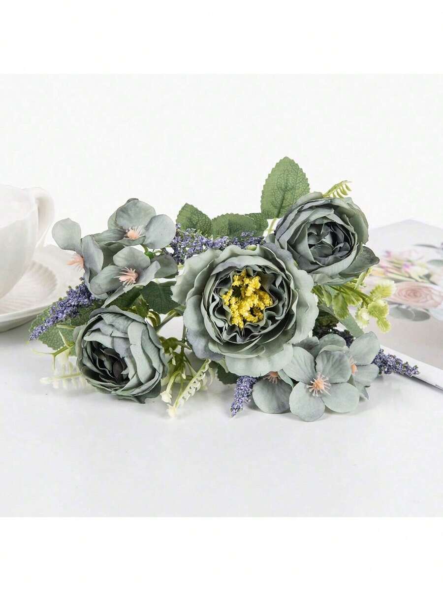 1pc Artificial Peony & Hydrangea Silk Flower Bouquet, Wedding Decor, Bridal Bouquet, Home, Restaurant, Bedroom, Balcony, Vase Decoration, Outdoor Garden, Valentine's Day, New Year Decoration, Valentine's Day Gift, Birthday Gift, Graduation Gift - Green - View 1