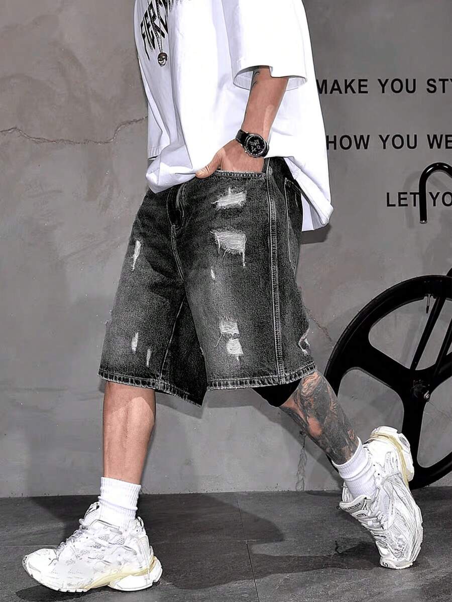 Pantalones cortos de mezclilla desgastados y lavados de moda callejera de verano para hombres - Gris Oscuro - Ver 1