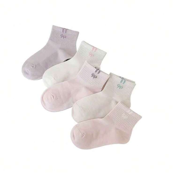 Miniso Bộ 5 đôi tất cổ cao Minso thêu nơ, chất liệu cotton pha, mềm mại thoáng khí, tông màu hồng pastel & tím, tất phong cách tối giản dễ thương cho thời trang đường phố, OOTD & mặc hàng ngày - Vớ thuyền viên - Xem 6
