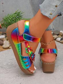 NIPAXO Sandalias de cuña con plataforma slip-on para mujer talla grande, cómodas y sin fatiga, brillantes, elegantes, de moda, dulces, ligeras, nuevo estilo, para fiesta, uso diario, boda, playa, viaje, ocio y entretenimiento, decoración floral de moda, cierre ajustable de gancho y bucle - Multicolor - Ver 8