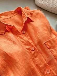 Women's Casual Solid Color Front Button Curved Hem Shirt - Orange - View 3