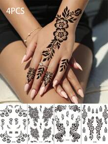 4 piezas Pegatinas de tatuaje temporal impermeable con patrón floral de henna negra, tatuaje de mano mandala, adecuado para maquillaje de mujer, boda, festival, Día de San Valentín, ropa, regalo de fiesta, estilo boceto - Multicolor - Ver 13
