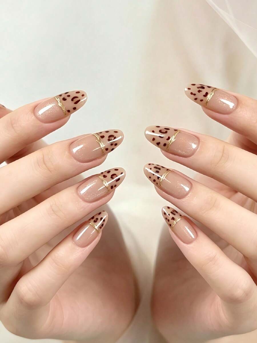 30 piezas de puntas de uñas de forma almendrada de longitud media-larga en color champán, diseño elegante y lujoso de ojo de gato con lámina de oro transparente y estampado de leopardo, estilo sofisticado europeo y americano cool, adecuado para mujeres y niñas, uso diario, viajes de vacaciones y ocasiones de fiesta, uñas postizas de cobertura completa - Champán - Ver 1