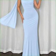 . .  Vestido maxi ajustado de estilo elegante y romántico, con cuello asimétrico, adecuado para fiesta, vacaciones en la playa, vuelta al colegio, citas románticas, temporada de bodas, cumpleaños, Pascua, primavera/verano - Agua verde azul - Ver 3