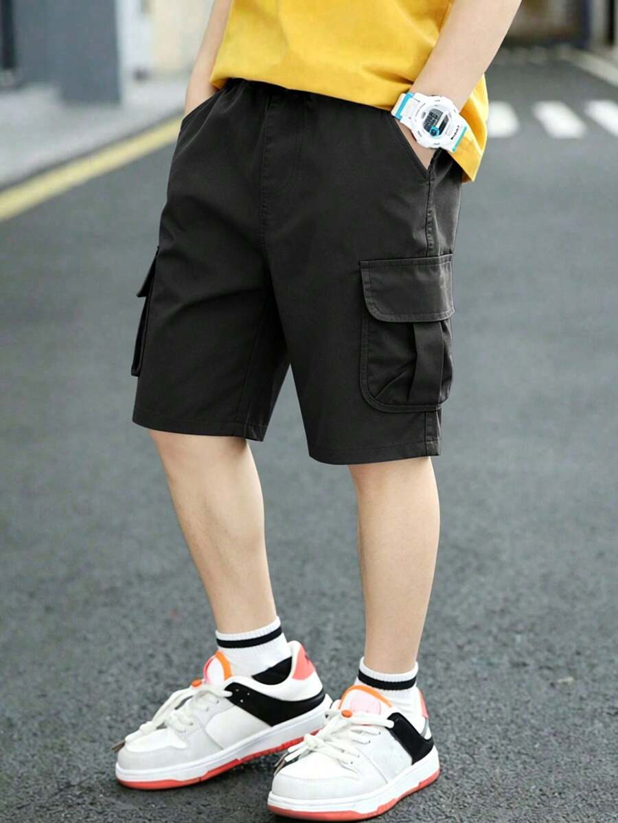 1件男童時尚百搭舒適直筒膝蓋長短褲，夏季款 - 黑色 - 查看 1