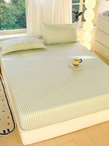 Juego de 3 piezas de ropa de cama, con patrón de tablero de ajedrez, ligero y suave y cómodo, que incluye 1 sábana ajustable y 2 fundas de almohada, sin relleno, adecuado para dormitorio, dormitorio, con opciones de varios tamaños, adecuado para uso en verano - Verde Pastel - Ver 2