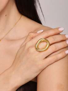 1 pieza Anillo de acero inoxidable con baño de oro, diseño geométrico hueco y redondo, accesorio de moda diario para mujer - Anillo ovalado - Ver 1