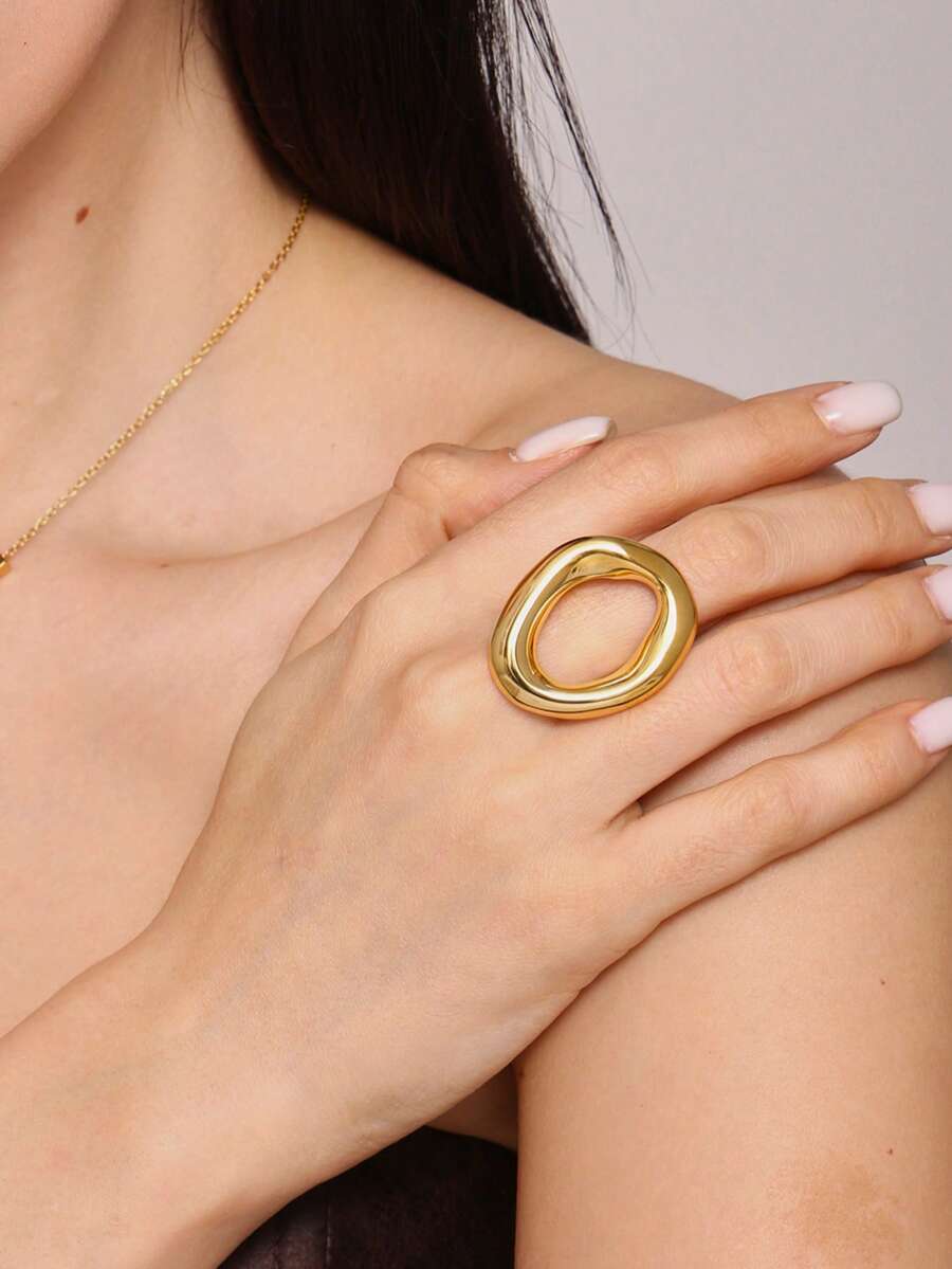 1 pieza Anillo de acero inoxidable con baño de oro, diseño geométrico hueco y redondo, accesorio de moda diario para mujer - Anillo ovalado - Ver 1