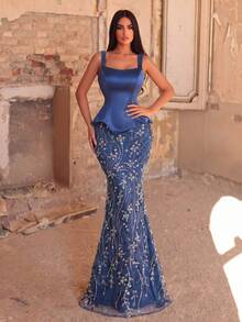 Robe de soirée élégante à col carré avec patchwork de perles & paillettes pour femmes, bretelles décorées de perles, détails de paillettes scintillantes pour fête et mariage - bleu indigo - Voir 1