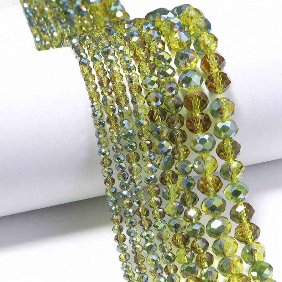 1串奧地利水晶玻璃珠，3/4/6/8mm 亮萊姆色扁平狀，適用於珠寶製作、DIY手工、手鍊、項鍊、服飾配件
