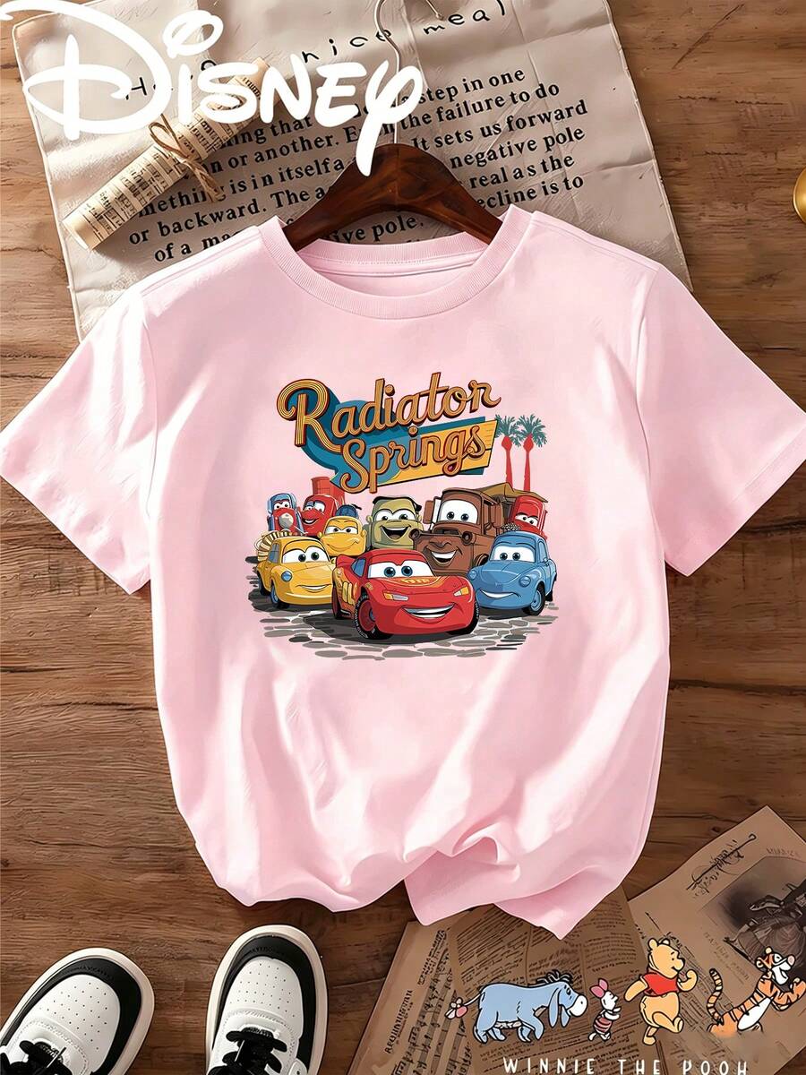 Breathable Cotton Disney Fan Tee | "Cars Radiator Springs" Lightning McQueen & Friends Print | Whimsical Short-Sleeve Tee - Hồng - Xem 1