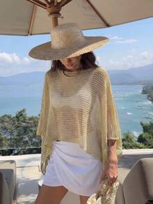 優雅女款春夏時尚休閒度假沙灘粉色針織鏤空亮片圓領純色半透連帽上衣歐式夏季 - 金色 - 查看 6