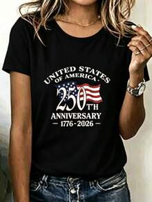 Loose V Neck Red Women's Tee Curved American Text Floating Star Strip Flag Print, Silky Smooth Top For Patriotic Anniversary Holiday Wear - 黑色2 - 查看 17