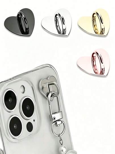 オールインワン ハート型メタルスマホケースアクセサリー - ハート型フック、スマホリング、スマホキーチェーン、メタルスマホリング