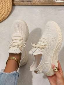 2025 New Women Solid Color Lace-Up Slip-On Sneakers, Wear-Resistant EVA Insole Tennis Shoes For Sports Hiking Autumn Winter Daily Wear - 杏色 - 查看 1