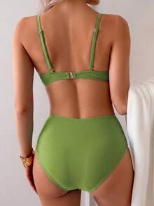 Bikini de estilo bohemio elegante y sexy de unicolor con tirantes finos, conjunto de dos piezas dulce para vacaciones en la playa - amarillo verdoso - Ver 2