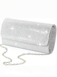 Conjunto de 4 piezas de bolso de noche versátil y minimalista para mujer, bolso de mano, bolso de hombro con cadena, collar con corazón de strass, pendientes y pulsera, bolso de joyería para banquetes - Plateado - Ver 3