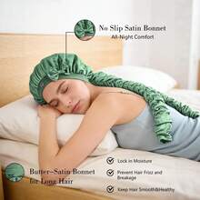 Long Hair Bonnet Heatless Curling Satin Sleep Cap With Long Curling Strap, Suitable For Braids And Long Hair, New Style Curling Ribbon Sleep Cap, Wide Elastic Bow Solid Color Round Cap Heatless Curling Bonnet - Green - View 3