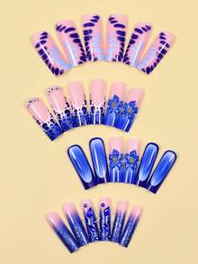 Long Square Glossy Artificial Nails With Design Pattern, Extra Long Fake Nails With Decorations, Suitable For Women - Multicolor - View 7