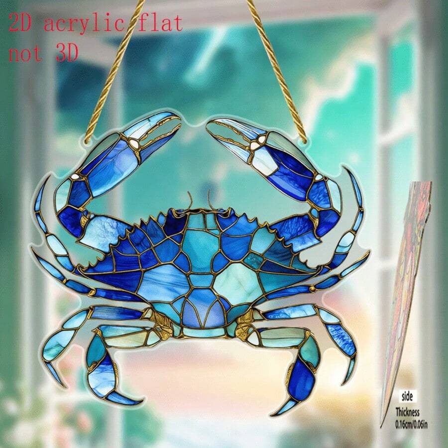 1 pieza Atrapasol de acrílico con efecto de vidrio teñido de cangrejo azul animal marino, adorno colgante plano 2D para ventana, reutilizable para decoración interior costera de balcón, sala de estar, hogar y fiesta, regalo - Atrapasueños de cangrejo - Ver 1