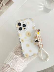 Cremige glänzende Handyhülle mit gewelltem Rand und Blumenmuster, stoßfest, mit Perlenarmband-Accessoire, kompatibel mit iPhone 17pro/17Air/17/17promax16/11/16pro/16plus/16promax/16e/15Promax/13/14/12/XS/XR/7G/8P - Verschiedenfarbig - Übersicht 1