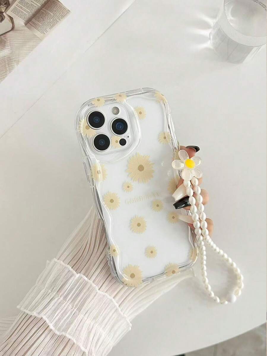 Cremige glänzende Handyhülle mit gewelltem Rand und Blumenmuster, stoßfest, mit Perlenarmband-Accessoire, kompatibel mit iPhone 17pro/17Air/17/17promax16/11/16pro/16plus/16promax/16e/15Promax/13/14/12/XS/XR/7G/8P - Verschiedenfarbig - Übersicht 1