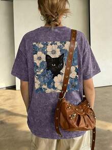 大尺碼女款休閒服，雪花圖案布料，舒適休閒上衣，復古T恤，春/夏服飾 - 淡紫色 - 查看 8