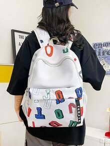 1pc Letter Print Nylon Zipper Closure Casual Backpack, Suitable For Students And Daily Use All Seasons, Unisex - A - View 2