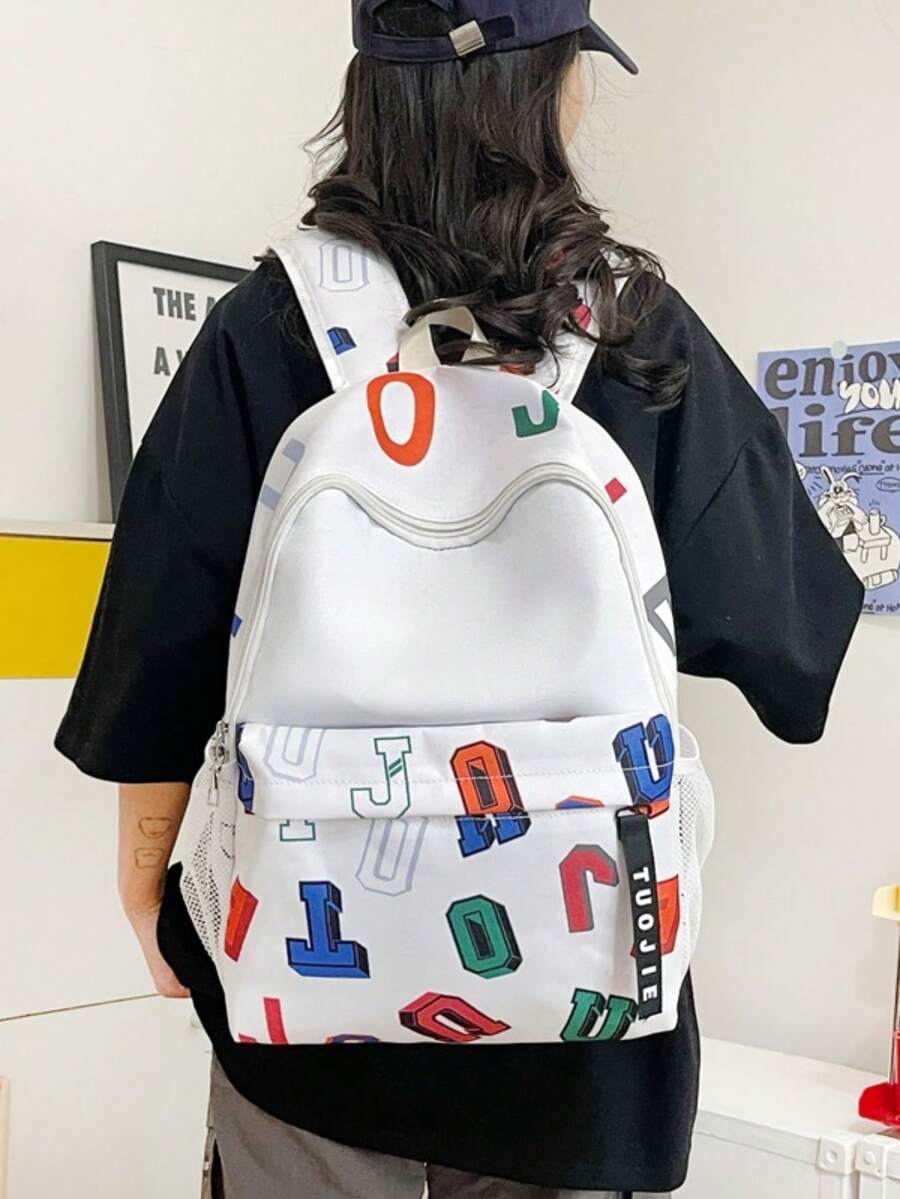 1pc Letter Print Nylon Zipper Closure Casual Backpack, Suitable For Students And Daily Use All Seasons, Unisex