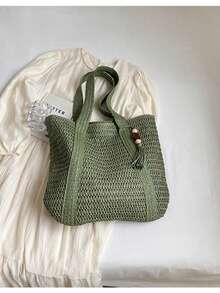 Bolso de mano de ganchillo estilo bohemio, silueta de gran capacidad con elementos naturales, primera opción de los fashionistas, ligero y llamativo, añade un toque casual tropical a cualquier atuendo - Verde - Ver 7