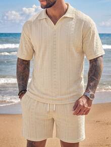 Conjunto de traje casual de manga corta para hombre, camisa polo jacquard para vacaciones y uso diario - Albaricoque - Ver 2