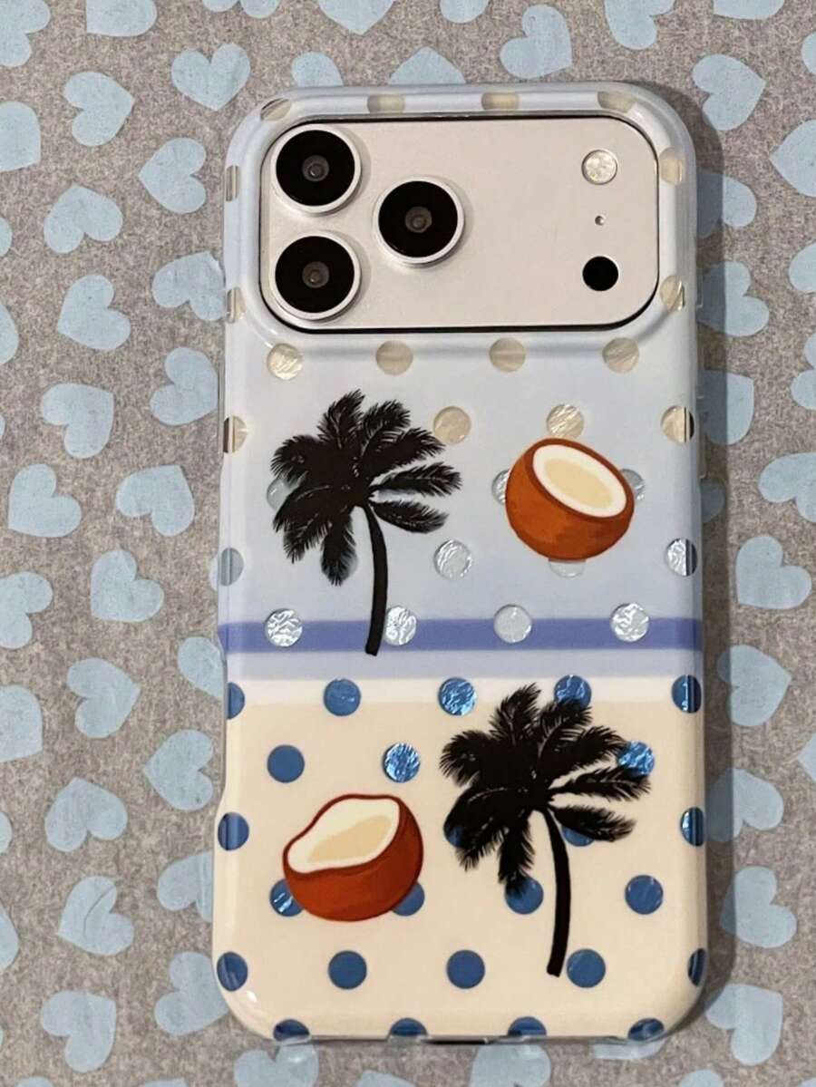 Summer Patchwork Beach Polka Dot Coconut Tree Phone Case, Compatible With Apple 17 Pro Max, Double Layer Protective Cover For IPhone 16 Pro, New 17 Women, 15 Pro, 14 Anti-Fall Phone Case - Blue - View 1