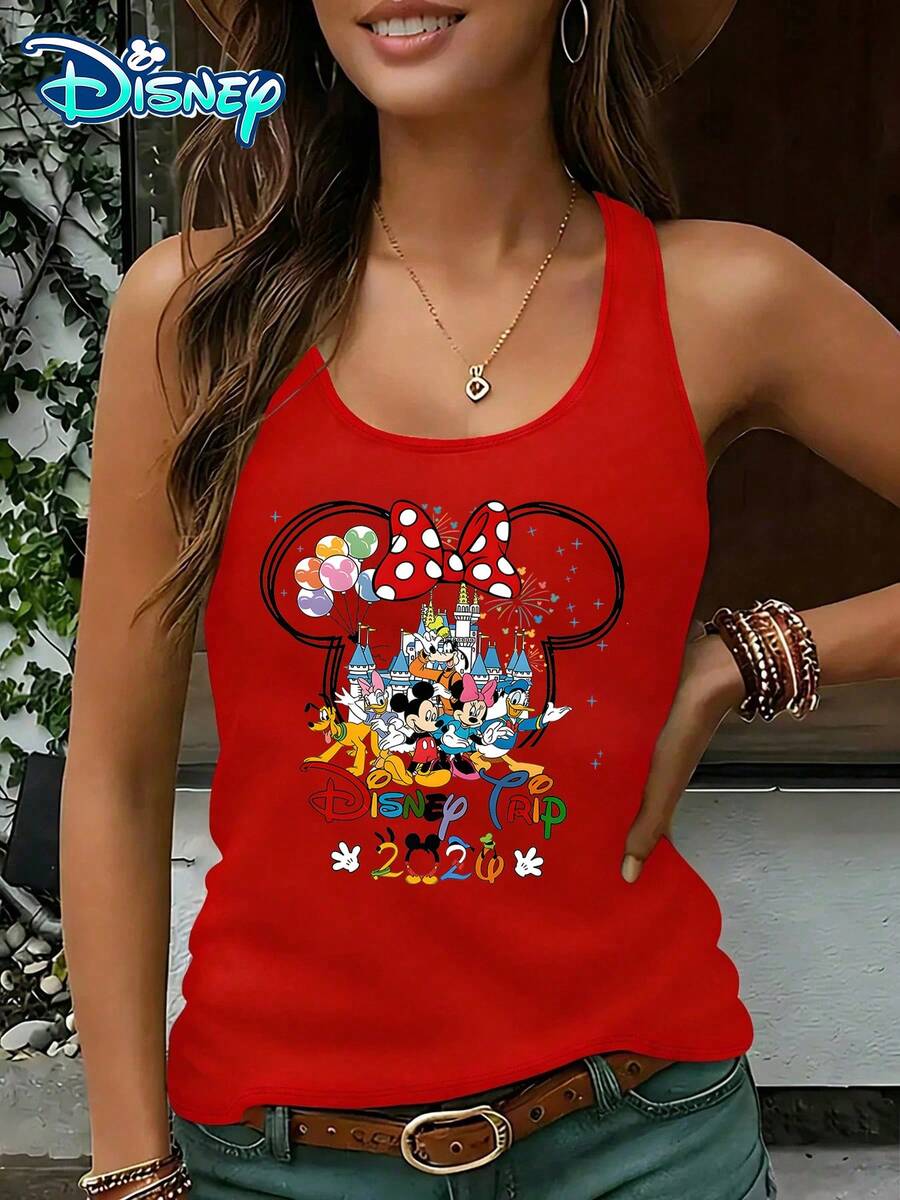 Disney Official Authorization | Women's Casual Round Neck Sleeveless Vest. Taking Disneyland As The Theme, Paired With Castle Fireworks, Character Portraits, And The "Disney Trip 2026" Text Print, It Is Dreamy And Full Of Commemorative Significance. It Is An Exclusive Item For Theme Park Travel And An Ideal Choice For Creating Fairy Tale Style Designs. - Đỏ - Xem 1