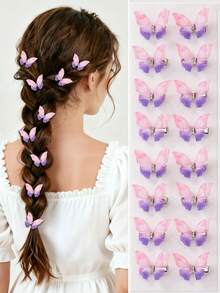 10pcs/Set Girls' Purple & Pink Ombre Double-Layer Rhinestone Transparent Tulle Butterfly Small Hair Clips, Cute Princess Hair Accessories Bangs Clips Side Claws - Multicolor - View 8