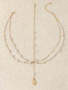 1 Piece Of Elegant And Charming Gold Flower White Drip Oil Pendant Double Layered Gold Hair Accessory Chain For Women, Bohemian Style White Faux Pearl Prayer Beads Double Layered Gold Hair Accessory Chain For Girls, Fashionable Palace Style Rose Blossom Pendant Double Layered Gold Head Jewelry For Women, Summer Beach Party Jewelry Hair Accessory Chain For Women, Suitable For Women To Wear All Year Round, Gifts For Good Friends And Family - Gold - View 3