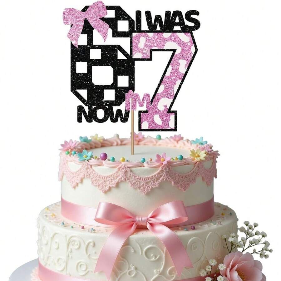 1 pieza Adorno para pastel con purpurina "Tengo 6 Ahora 7", Decoración de fiesta de cumpleaños 7 con estampado de vaca rosa, Suministros de mesa de postres con tema de bola de discoteca para niña, Palillo de pastel con lazo - Bow Disco 6-7 - Ver 1
