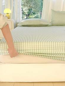 Juego de 3 piezas de ropa de cama, con patrón de tablero de ajedrez, ligero y suave y cómodo, que incluye 1 sábana ajustable y 2 fundas de almohada, sin relleno, adecuado para dormitorio, dormitorio, con opciones de varios tamaños, adecuado para uso en verano - Verde Pastel - Ver 8