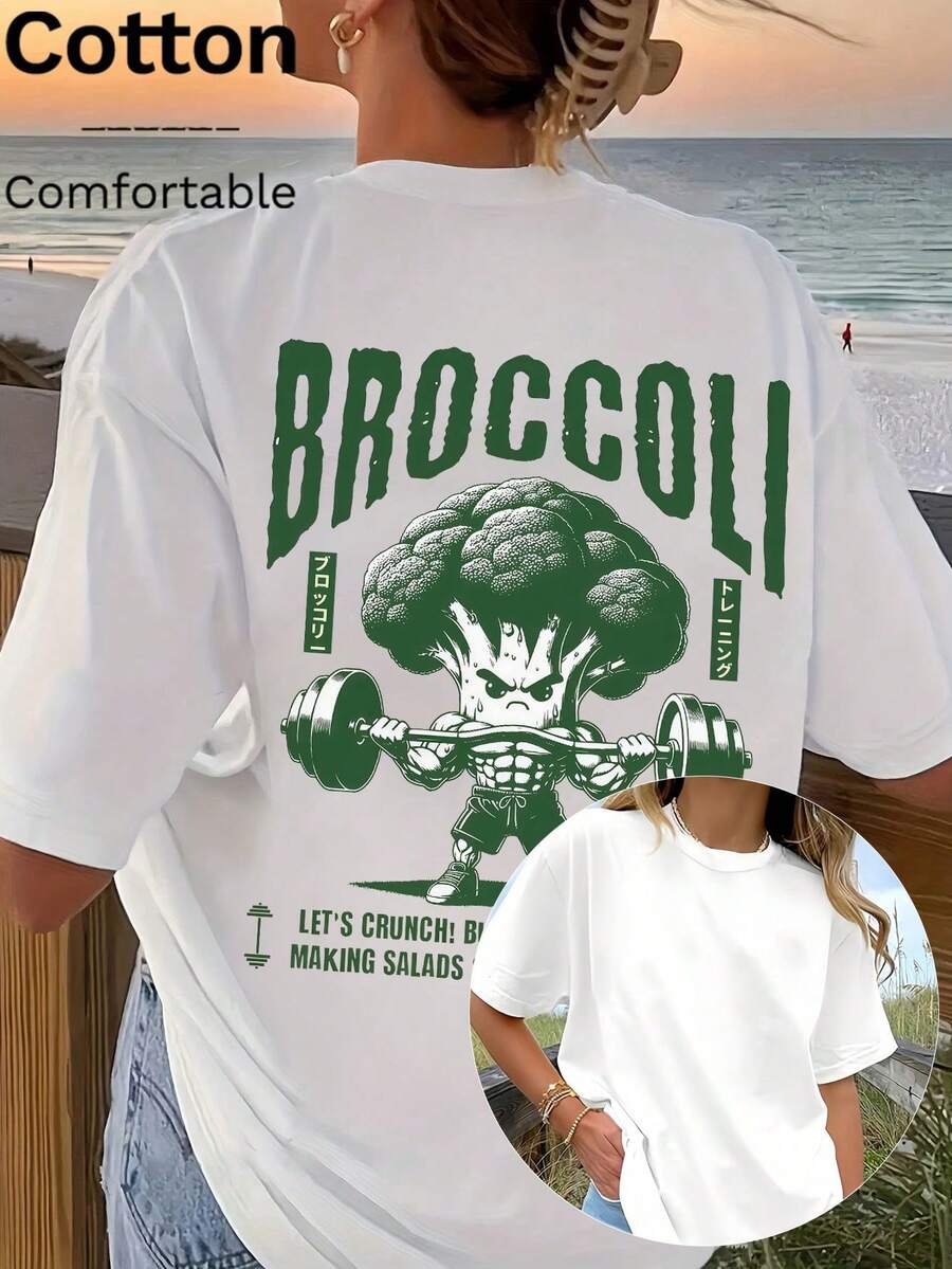 Top vintage da donna in cotone a coste con stampa di broccoli e manubri, 100% cotone, maniche corte, morbido e traspirante, top sportivo estivo - Bianco - Visualizzare 1