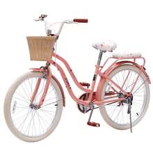 24-Inch Rear Shelf Cruise Car With Wicker Basket, Single-Speed Commuter Bike, Comfortable City Off-Road Vehicle With High Carbon Steel Frame. Suitable For Outdoor Cycling, Green Pink Peach Pink Optional, Retro High-Value Girl Bike, Enjoy A Comfortable Slow Life. - Peach Pink - View 1