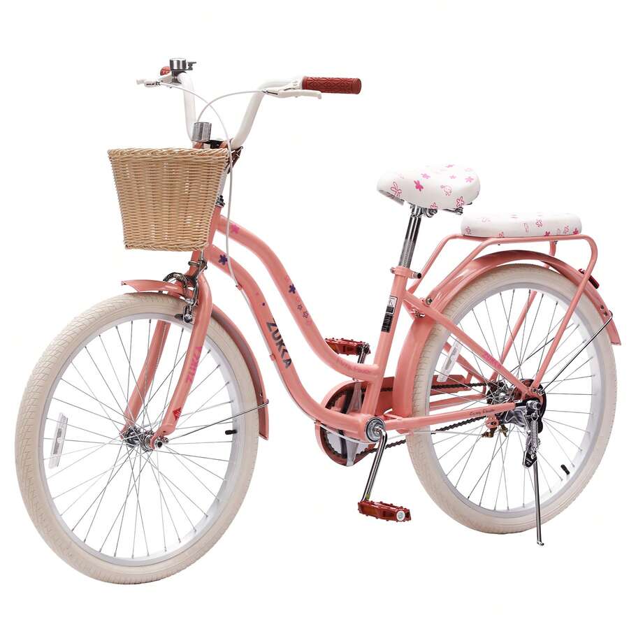 24-Inch Rear Shelf Cruise Car With Wicker Basket, Single-Speed Commuter Bike, Comfortable City Off-Road Vehicle With High Carbon Steel Frame. Suitable For Outdoor Cycling, Green Pink Peach Pink Optional, Retro High-Value Girl Bike, Enjoy A Comfortable Slow Life. - Peach Pink - View 1