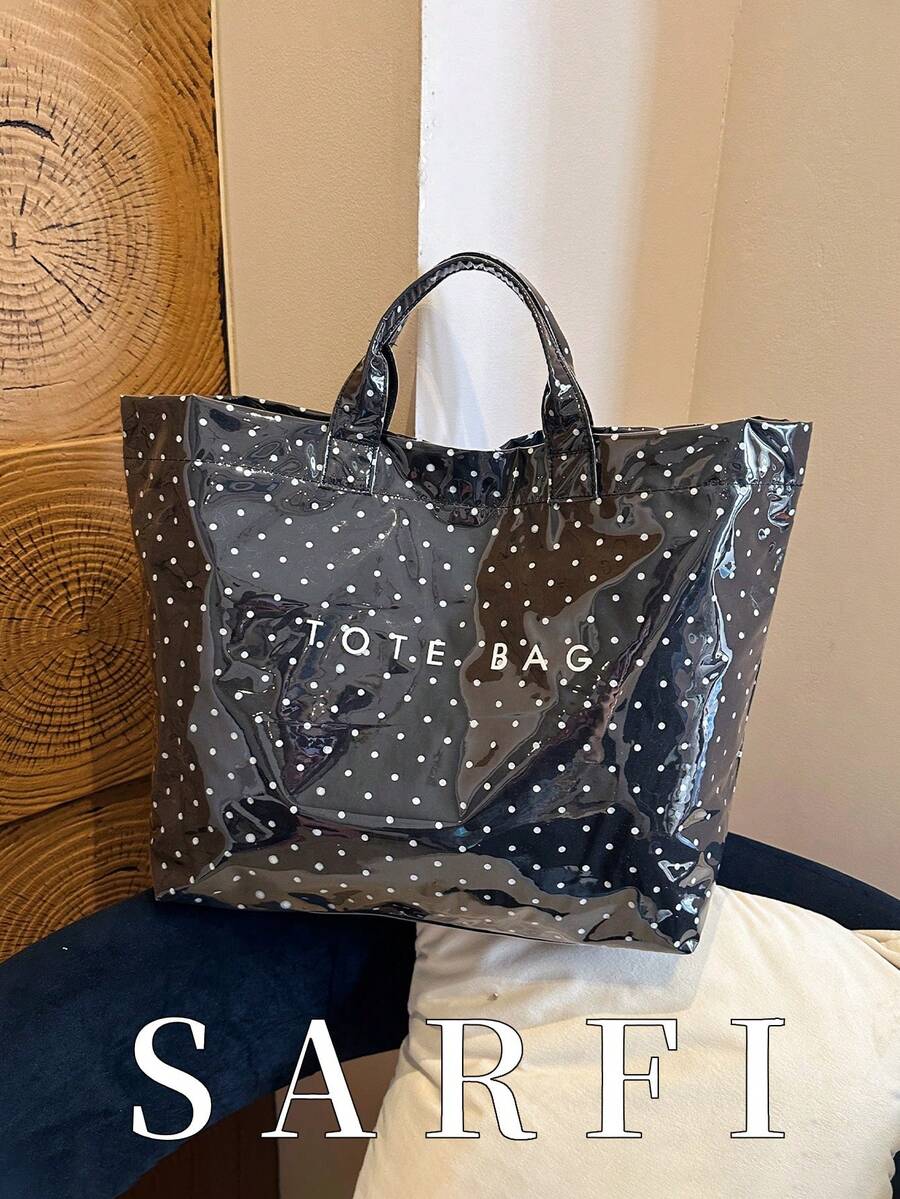 夏季新款個性化黑白圓點對比設計女款手提包,時尚手提包,夏季度假風海灘包,輕量大容量收納手提包適合度假旅行,輕量易開關多功能單肩包;耐用耐磨防水PVC材質女款包;適合送給朋友的禮物、購物、約會、上班通勤、攝影、度假旅行 - 黑色 - 查看 1