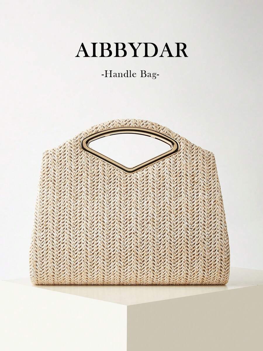AIBBYDAR 女款米白色時尚編織手提包，休閒簡約百搭斜挎包，度假海灘必備款