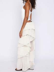 Women's White Tiered Ruffle Chiffon Beach Cover Up Pants - Blanco - Ver 5
