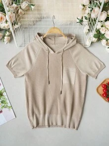 Light Apricot Hooded Drawstring Ribbed Knit Top, Young Women's Casual Short Sleeve Blouse, Raglan Sleeve Design Slimming Fit Summer - Khaki - View 8