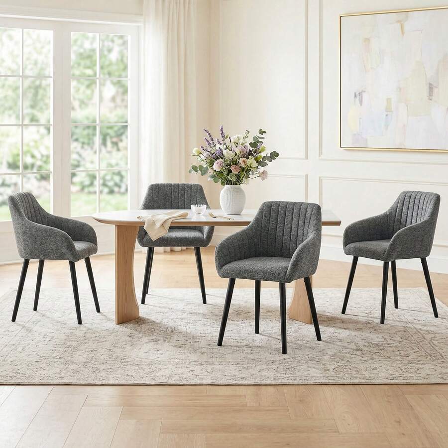 Goeurvant Modern Vertical-Stripe Upholstered Dining Chairs With Armrests And Solid Wood Legs For Dining Room, Kitchen, Living Room - Set Of 2 / Set Of 4 / Set Of 6--Grey Green-Chenille - 灰綠色 - 查看 1