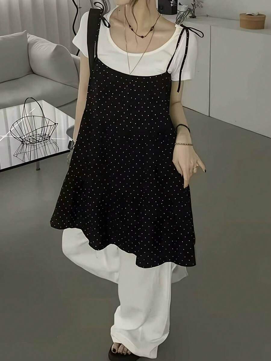 2026春季新款女款波點細肩帶洋裝，小碼層疊防老黑色洋裝，優雅夏季穿搭 - 黑色 - 查看 1