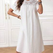 Vestido midi de mujer con cuello redondo y mangas cortas con encaje en contraste - Blanco - Ver 5